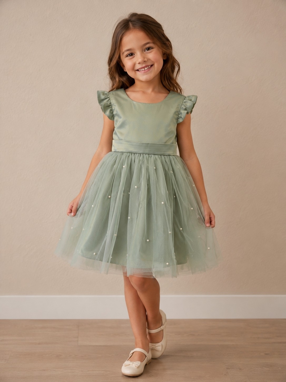 Sage Green Pearl-Embellished Tulle Dress for Girls
